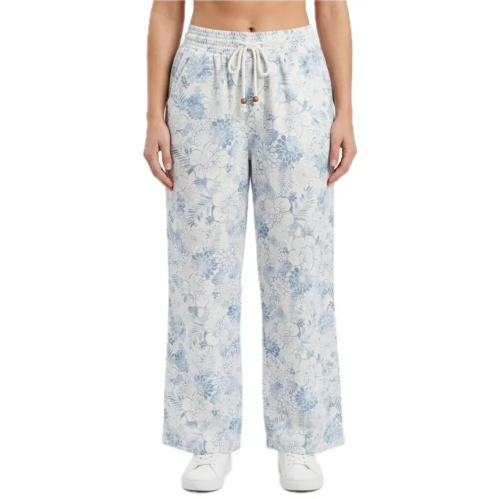 Beau Dawson Blue White Floral Linen Blend Wide Leg Tie Front Pants size L 10 12